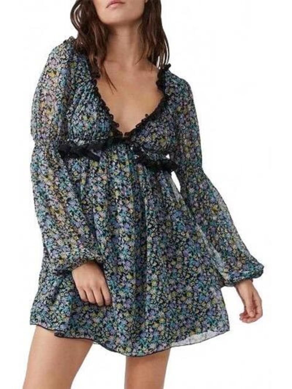 Free People Floral Sheer Boho Bell Sleeve Lace Trim Tunic Top Mini Dress XS